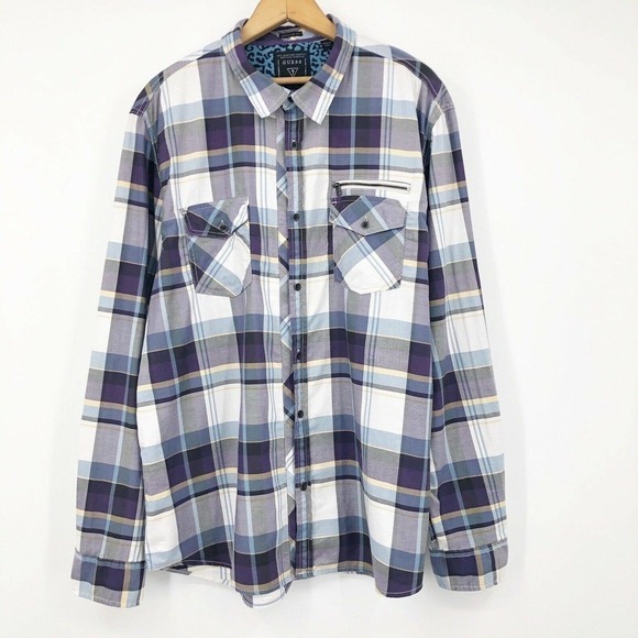 Guess Men's Button Front Shirt Purple Plaid Size XL Flip Cuff Long Sleeve Cotton - Picture 3 of 12